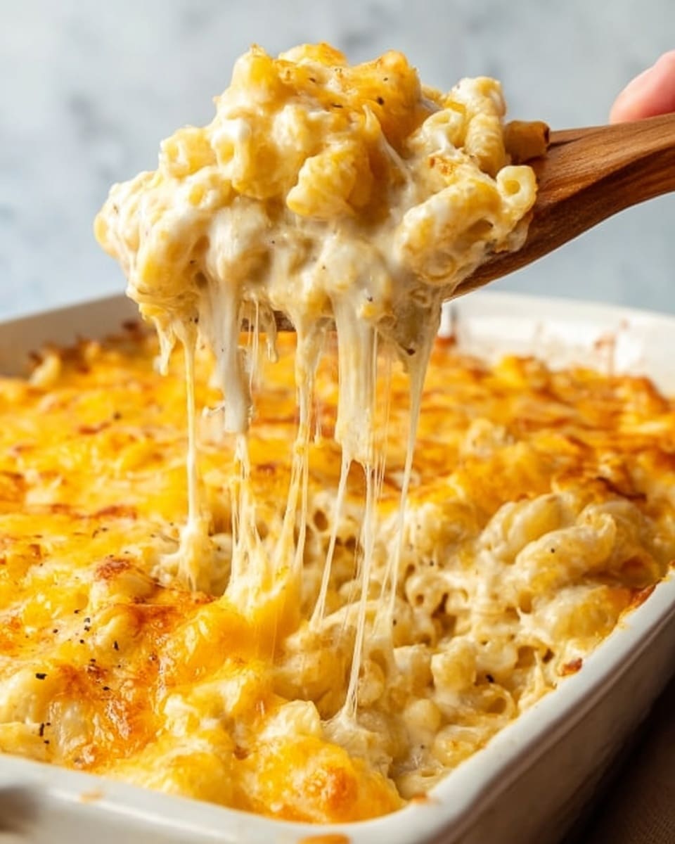 A close-up shot of a creamy baked macaroni and cheese being lifted from a white baking dish with a wooden spatula. The dish has three visible layers: the bottom layer is soft cooked pasta in light beige, the middle layer is thick, creamy cheese sauce in pale yellow with a smooth texture, and the top layer is golden melted cheese, bubbling with some browned spots, stretching in long strings as the scoop is lifted. The background is a white marbled surface. photo taken with an iphone --ar 4:5 --v 7