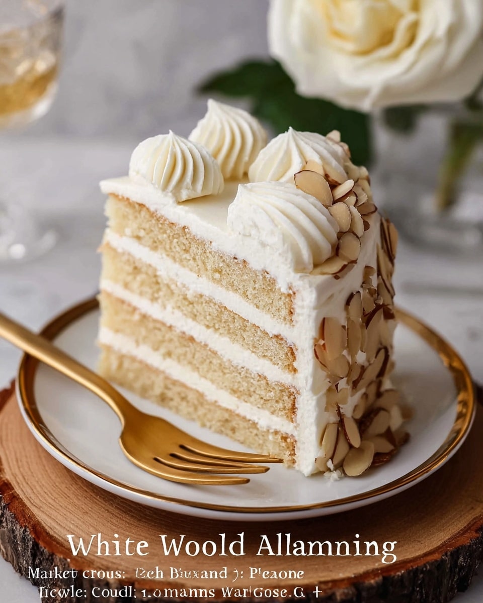 A tall slice of four-layer white almond wedding cake sits on a white plate with a thin gold rim, placed on a white marbled surface. Each layer consists of light golden cake separated by creamy white frosting, which also covers the top and sides smoothly. The top layer is decorated with five evenly spaced swirls of white frosting, and thin almond slices are scattered around the base and atop the cake. A small gold fork rests beside the slice on the plate, and soft white roses are blurred in the background. Photo taken with an iphone --ar 4:5 --v 7