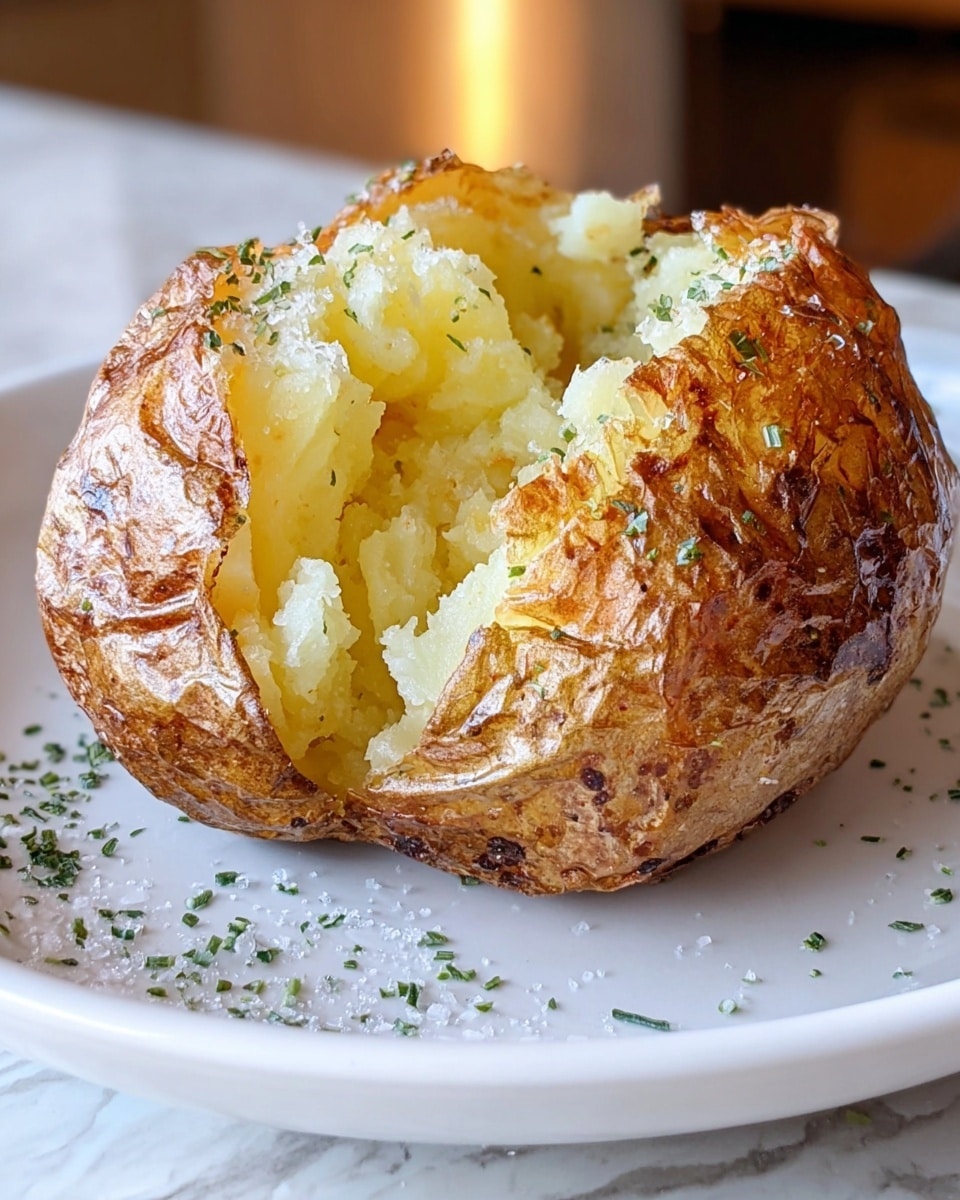 A baked potato with a golden brown, crispy skin split open on a white plate showing the soft, fluffy, pale yellow inside. The potato is sprinkled with coarse salt and small green herb bits on the skin and the plate. The white plate sits on a white marbled surface, with soft warm light reflecting in the background. Photo taken with an iphone --ar 4:5 --v 7