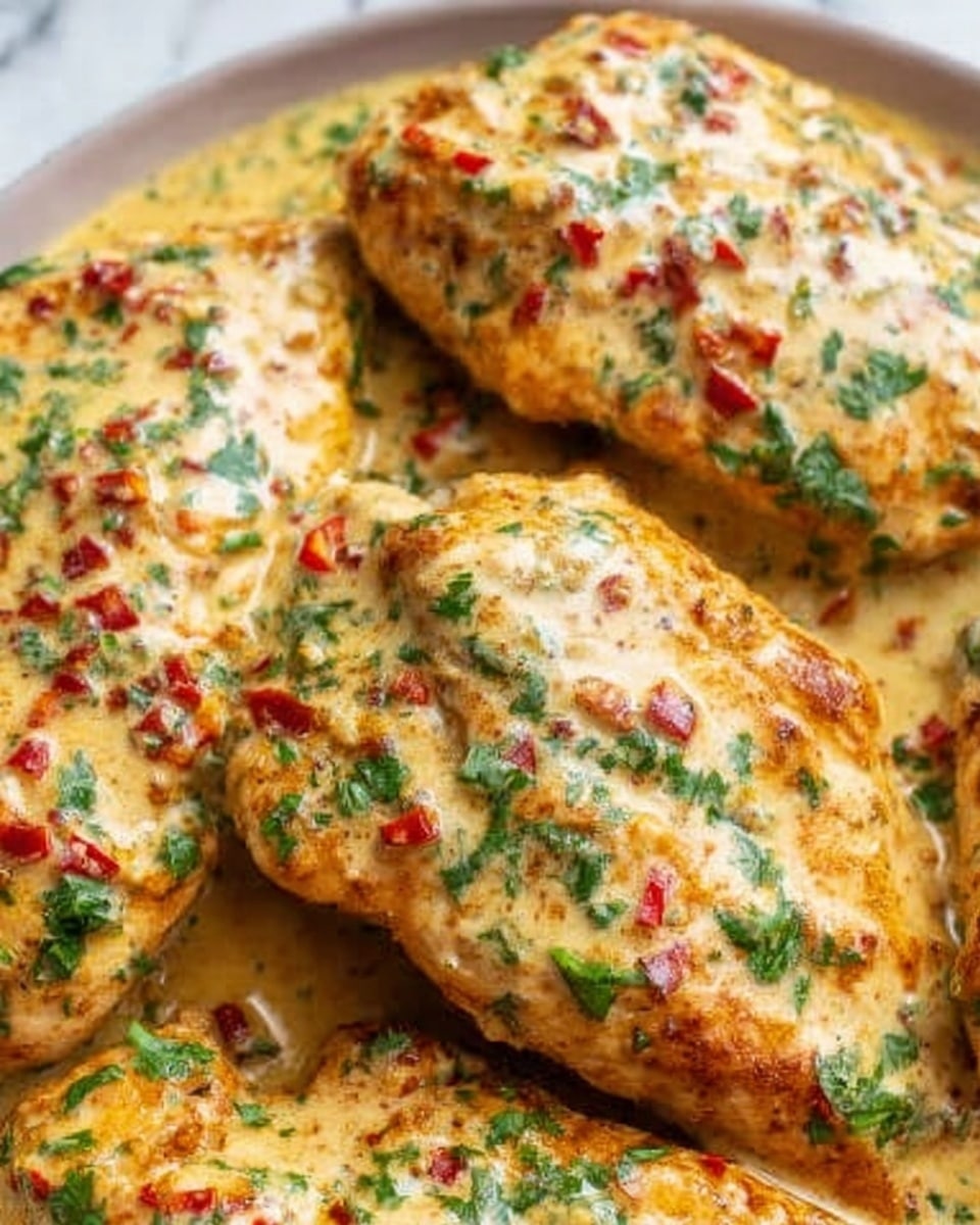 The image shows four golden brown baked chicken breasts covered with a creamy sauce that has red and green herb bits scattered on top. The chicken pieces look juicy and tender with a slightly crispy texture on the edges. The sauce is thick, light yellow with visible herbs and small red pepper pieces, evenly spread over the chicken. The chicken breasts are placed closely together on a simple white plate, set on a white marbled surface. photo taken with an iphone --ar 4:5 --v 7