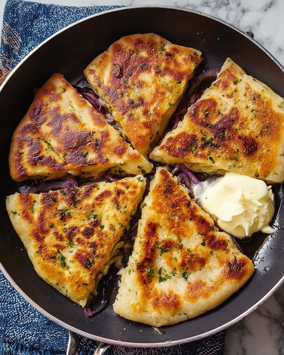 A black frying pan holds five golden-brown, triangular fried turnovers, each with a crispy, spotted crust showing patches of light tan and darker brown. The turnovers are arranged in a circle around a dollop of melting white butter or cream that is slowly spreading onto the pan. Small green herb pieces are sprinkled lightly on the turnovers, adding a touch of color. The pan sits on a blue and white patterned cloth over a white marbled surface. photo taken with an iphone --ar 4:5 --v 7