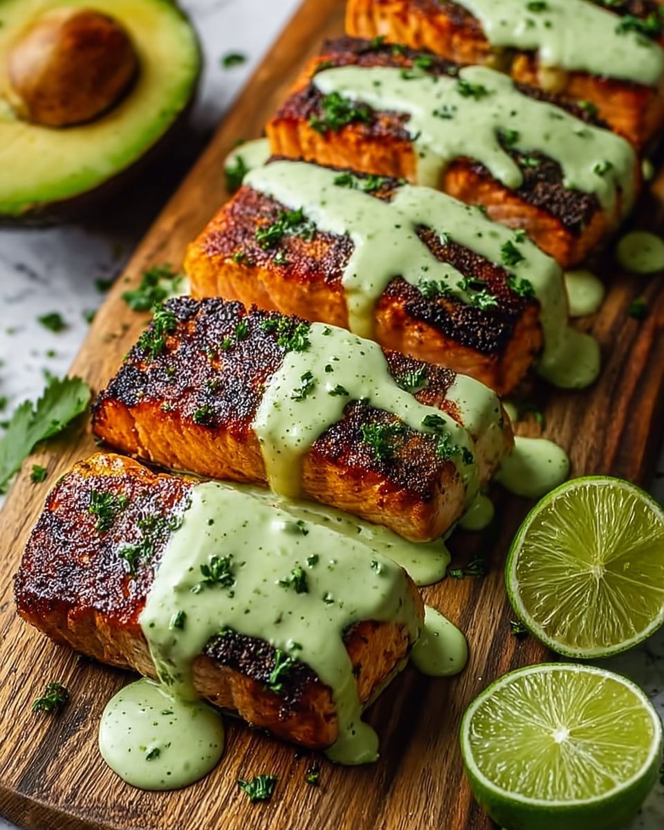 Two thick salmon fillets are cut into five pieces each, arranged in two rows on a wooden board, showing a crispy, dark brown grilled crust on top. A creamy light green sauce with visible green herbs is drizzled evenly over each piece, with the sauce slightly dripping down the sides. Finely chopped green herbs are sprinkled on top of the sauce. On the right side of the board, two halves of a bright green lime add color contrast. The background is a white marbled texture. photo taken with an iphone --ar 4:5 --v 7