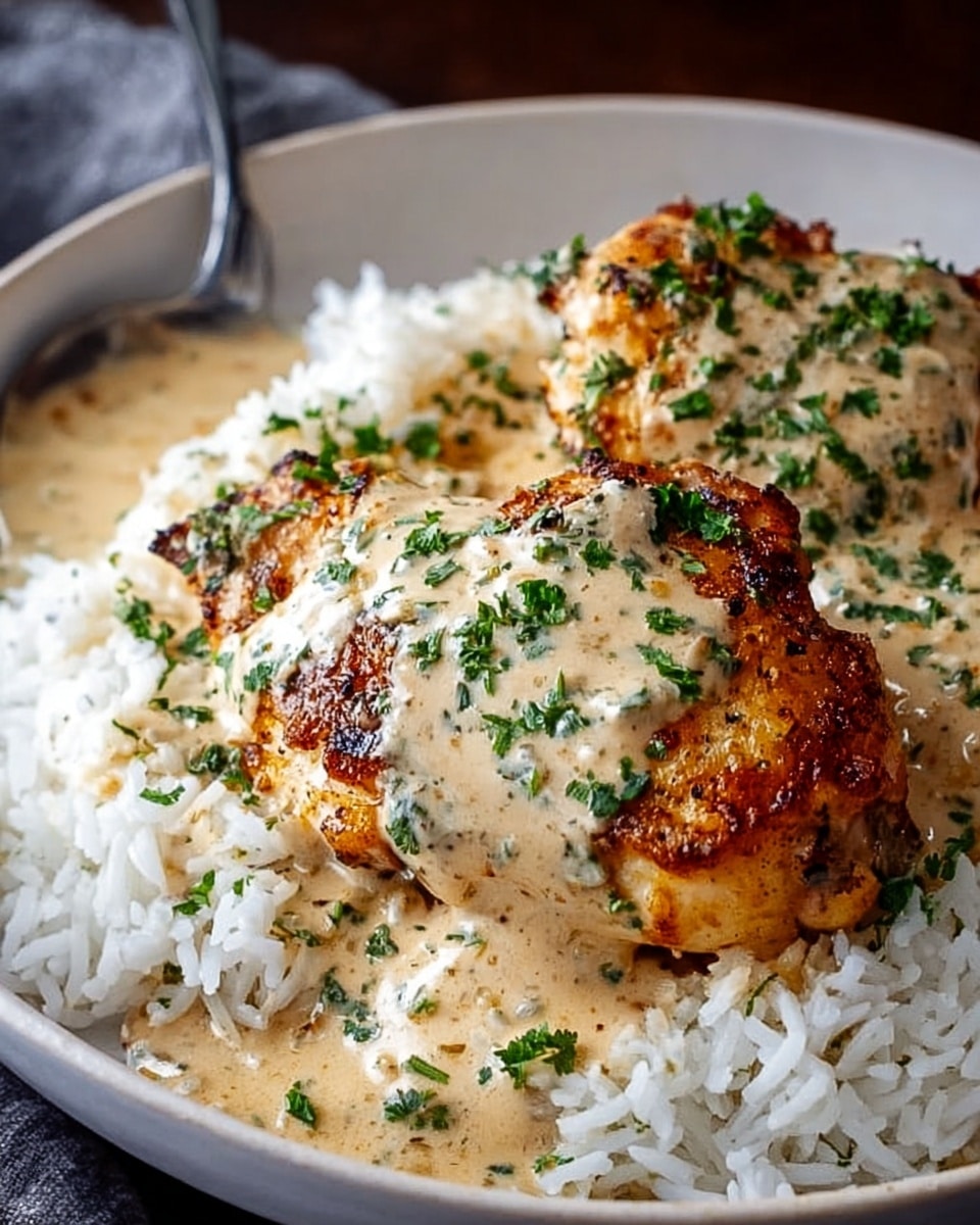 This image shows a white marbled surface with a white plate filled with fluffy white rice as the base layer. On top of the rice, there are two pieces of grilled chicken with a golden-brown crispy skin, covered in a creamy, light beige sauce sprinkled with chopped green herbs. The sauce looks smooth and rich, pooling slightly around the chicken and rice. The whole dish gives a warm and comforting look. A spoon is visible resting on the edge of the plate. Photo taken with an iphone --ar 4:5 --v 7