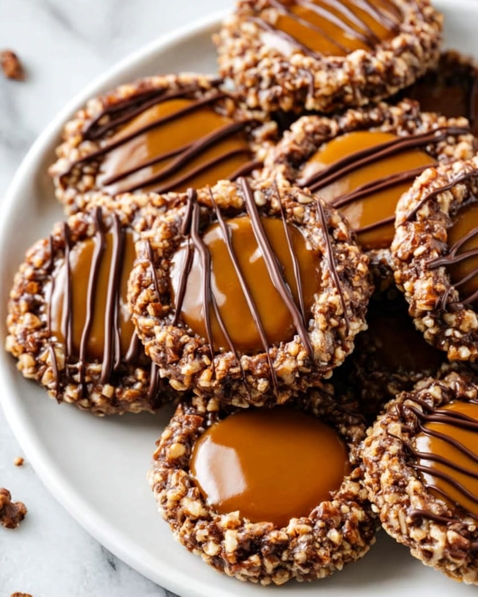 The image shows a white plate filled with round cookies, each cookie having three main layers. The bottom layer is a rough, dark brown circle covered in chopped nuts, giving it a crunchy texture. The middle layer is smooth and glossy milk chocolate forming a thick circle, while the top layer is a shiny caramel circle centered in the cookie. Thin, dark chocolate lines are drizzled on top of the caramel, adding a decorative touch. The white marbled surface is visible around the plate. Photo taken with an iphone --ar 4:5 --v 7