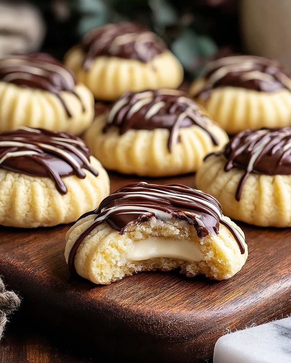 A close-up of soft cookies arranged in two rows on a dark wooden board over a white marbled texture. Each cookie has a pale yellow, ridged outer layer with a smooth, creamy white center visible in the bitten cookie in front, showing a middle layer coated in dark chocolate. The top of each cookie is decorated with thin, dark chocolate drizzle strands. The photo taken with an iphone --ar 4:5 --v 7