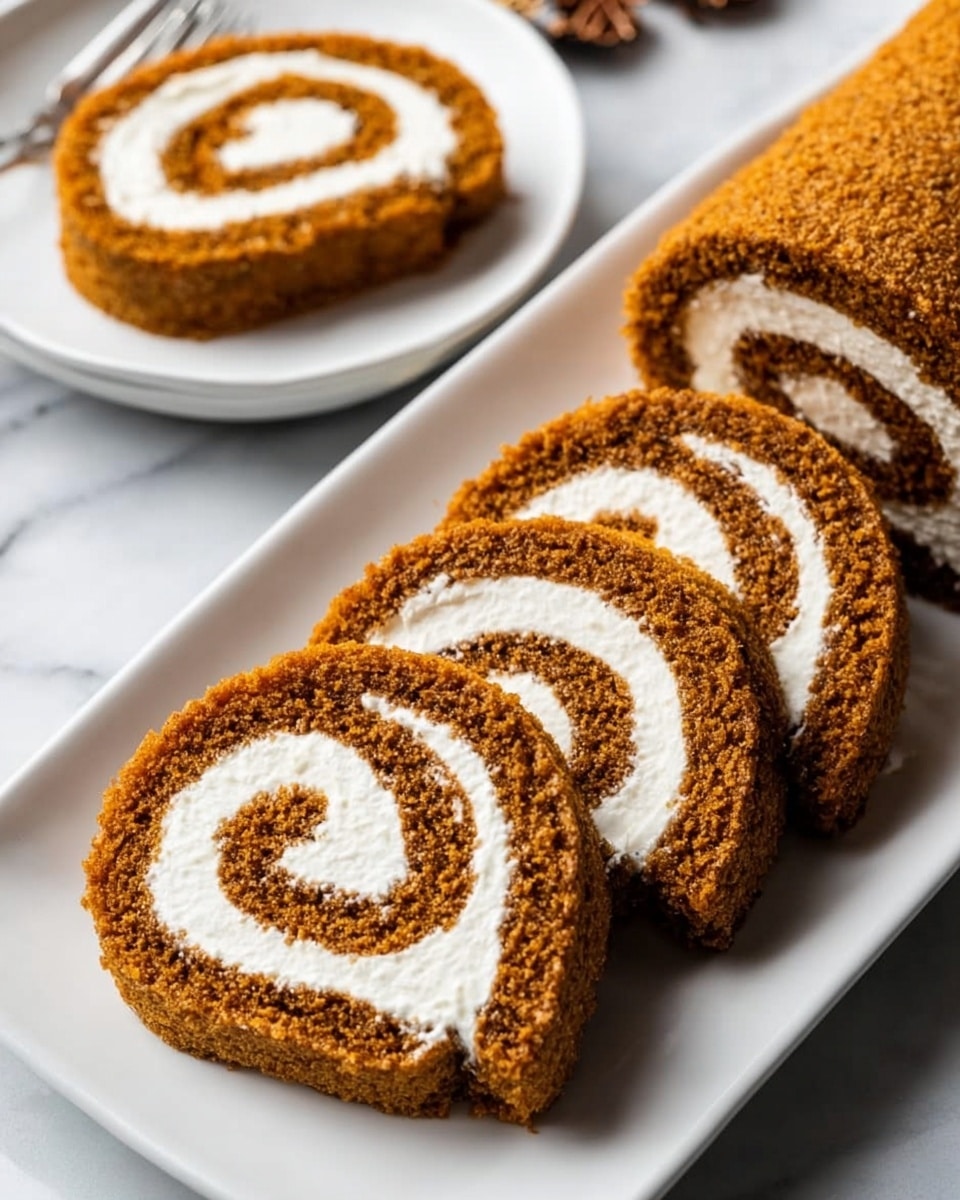 This image shows a pumpkin roll sliced into several round pieces on a long white plate. Each slice has two main layers: the outer cake layer is a warm brown color with a soft, spongy texture, and the inner cream cheese filling is bright white and smooth, spiraled evenly within the cake. The slices are neatly arranged on the white plate, with the roll's full length partially visible. In the background, a single slice is placed on another white plate on a white marbled surface, showing the same spiral pattern. The photo taken with an iphone --ar 4:5 --v 7