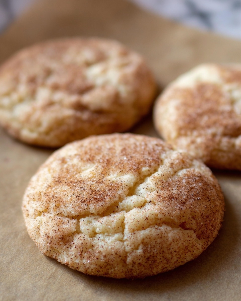 The image shows three soft, round snickerdoodle cookies lying on parchment paper, set against a white marbled texture background. The cookies have a light golden color with cracks and a slightly rough, sugar-coated texture on the surface, sprinkled evenly with cinnamon powder giving a twisted, swirled pattern in shades of light brown. The cookies appear thick and chewy, and the focus is sharp on the closest cookie with the others blurred softly in the background. photo taken with an iphone --ar 4:5 --v 7