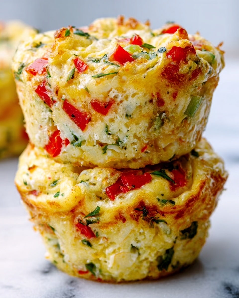 The image shows two stacked savory muffins with a rough, uneven texture. Each muffin has a pale yellow base filled with small pieces of bright red bell peppers and green herbs, creating colorful specks throughout. The muffins have a slightly golden top with some browned spots, indicating they are well baked. The background is a white marbled texture, and the muffins are stacked directly on it, with soft natural lighting emphasizing their moist and chunky texture. Photo taken with an iphone --ar 4:5 --v 7