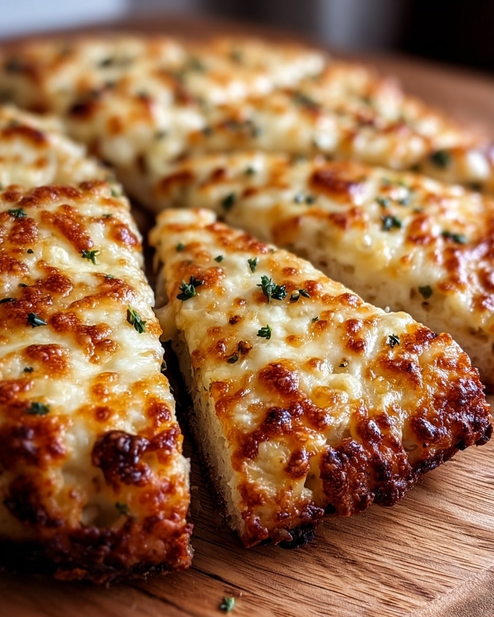 A close-up view of a white plate holding a cheese garlic bread that is cut into four thick slices. The top layer is golden brown melted cheese with small browned spots and sprinkled fresh green herbs, creating a bubbly and textured surface. Beneath the melted cheese, a white creamy garlic spread is slightly visible. The bread crust layer at the bottom is white and soft with a bit of crispiness. The whole plate is set on a white marbled surface, giving a clean and bright background. photo taken with an iphone --ar 4:5 --v 7