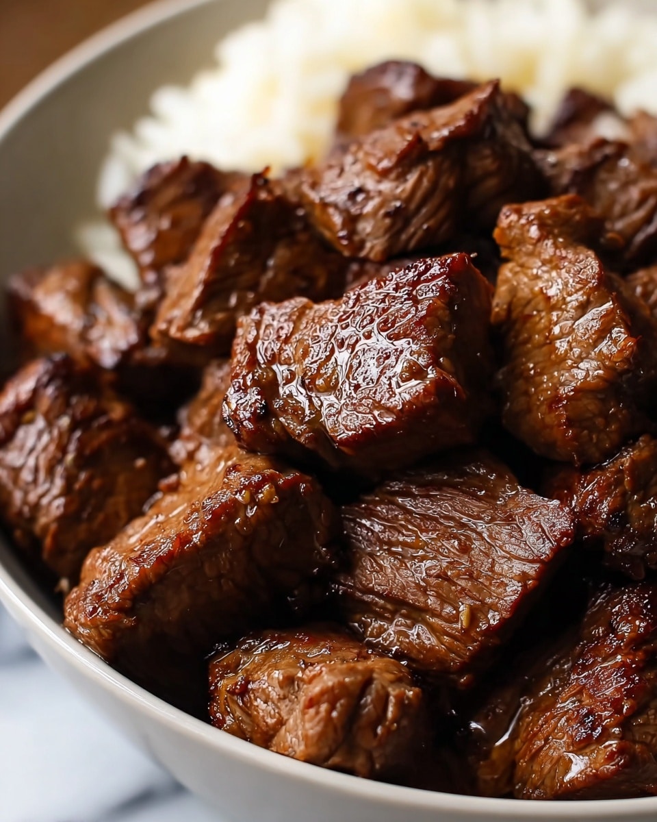 A close-up view of a bowl filled mostly with many pieces of cooked beef steak, cut into rough square shapes and showing a dark brown, glossy, and slightly textured surface that looks juicy and tender. Behind the beef pieces, there is a small portion of white rice slightly blurred, both placed inside a white bowl. The bowl sits on a surface with a white marbled texture. photo taken with an iphone --ar 4:5 --v 7