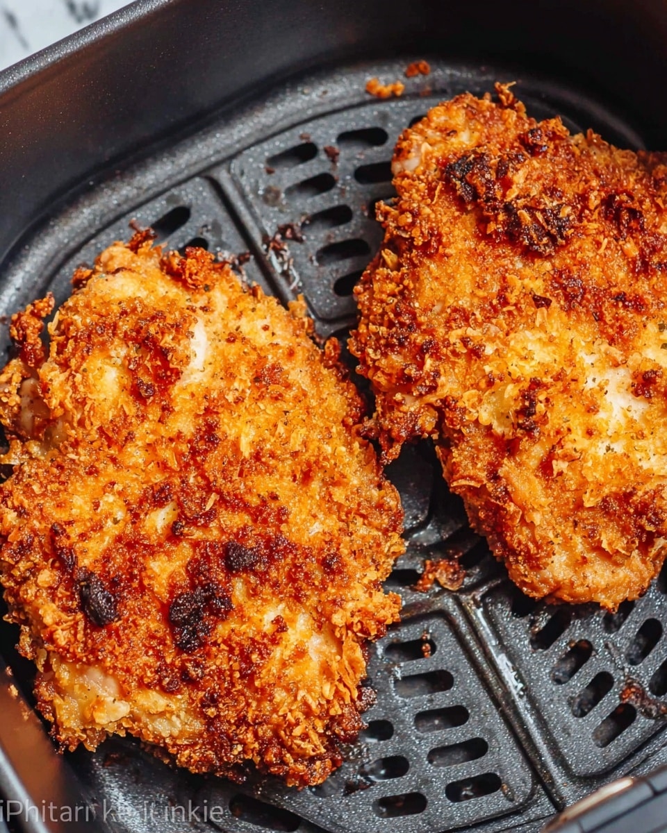 Two large pieces of crispy fried chicken with a rough, crunchy, golden-brown coating sit on a black air fryer basket with small holes. The chicken's surface shows uneven golden and darker brown spots, showing a well-cooked texture. The background is changed to a white marbled texture. photo taken with an iphone --ar 4:5 --v 7