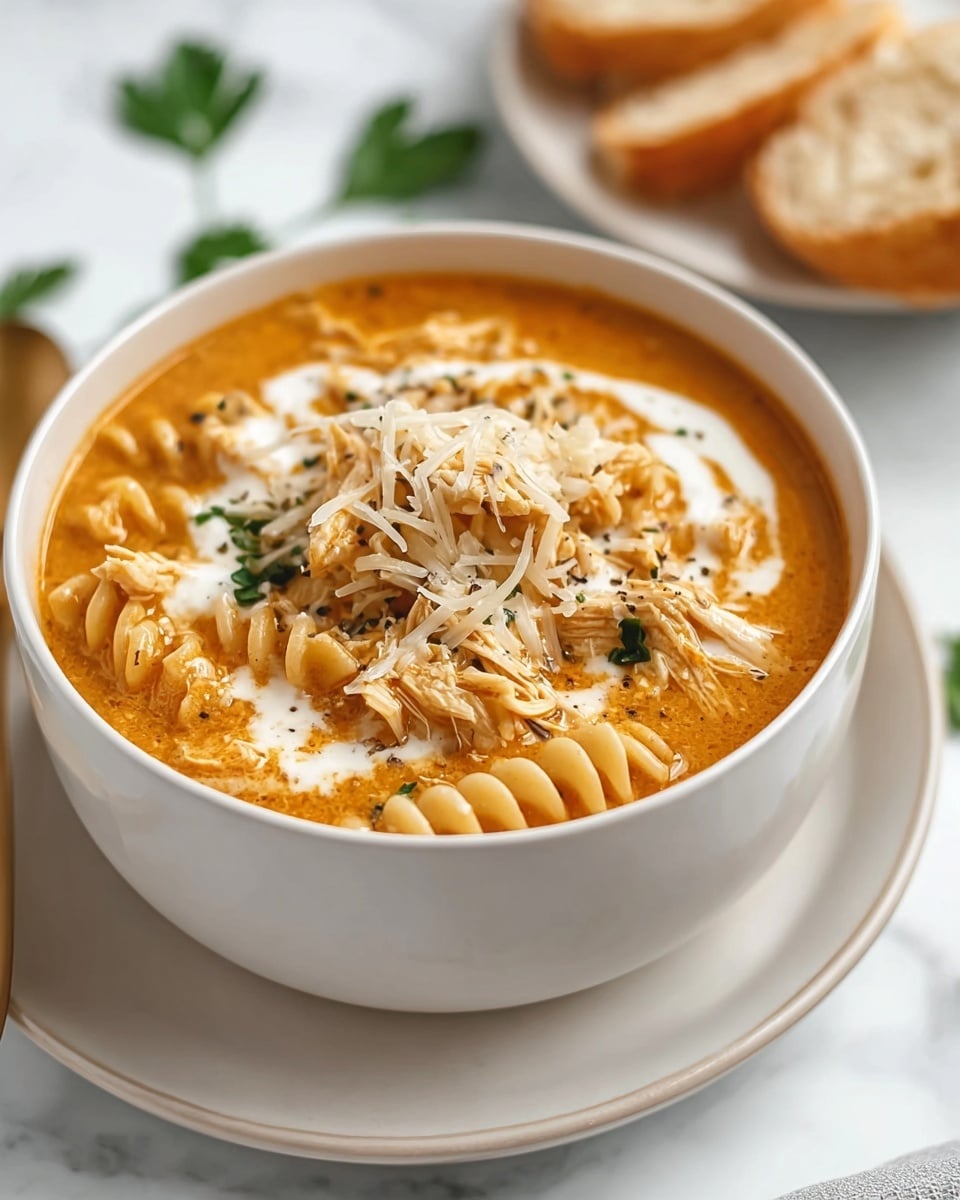 A white bowl filled with a creamy orange soup containing spiral pasta and shredded chicken, with bits of green herbs mixed in; on top, there is a generous layer of shaved white cheese with black pepper sprinkled over it. The bowl is placed on a white plate on a white marbled surface. In the background, there are slices of bread on a white plate and some green herbs blurred in the distance, along with a golden spoon at the edge of the frame. Photo taken with an iphone --ar 4:5 --v 7