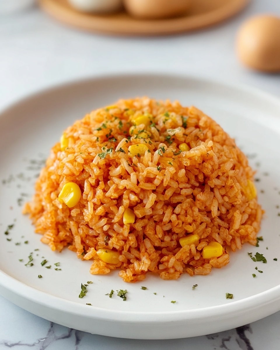The image shows a white plate with a single large mound of orange-red rice mixed with yellow corn kernels and small bits of onion evenly spread throughout. The rice has a slightly glossy texture and is garnished with small green herb flakes sprinkled on top, adding a touch of color contrast. The plate is placed on a white marbled surface, and in the background, there is a blurred wooden spoon and some round light-colored vegetables, giving a warm and cozy kitchen feel. photo taken with an iphone --ar 4:5 --v 7