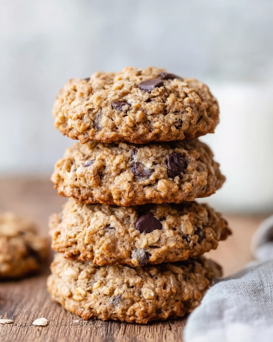 A stack of four chunky oatmeal chocolate chip cookies sits on a white marbled surface. Each cookie has a rough, crumbly texture with visible oats and small, melted chocolate chips scattered throughout. The cookies have a warm golden-brown color with slightly darker edges, giving them a freshly baked look. The stack stands upright, showing the thickness and uneven edges of each cookie, with a soft blurry background that hints at a glass of milk. Photo taken with an iphone --ar 4:5 --v 7