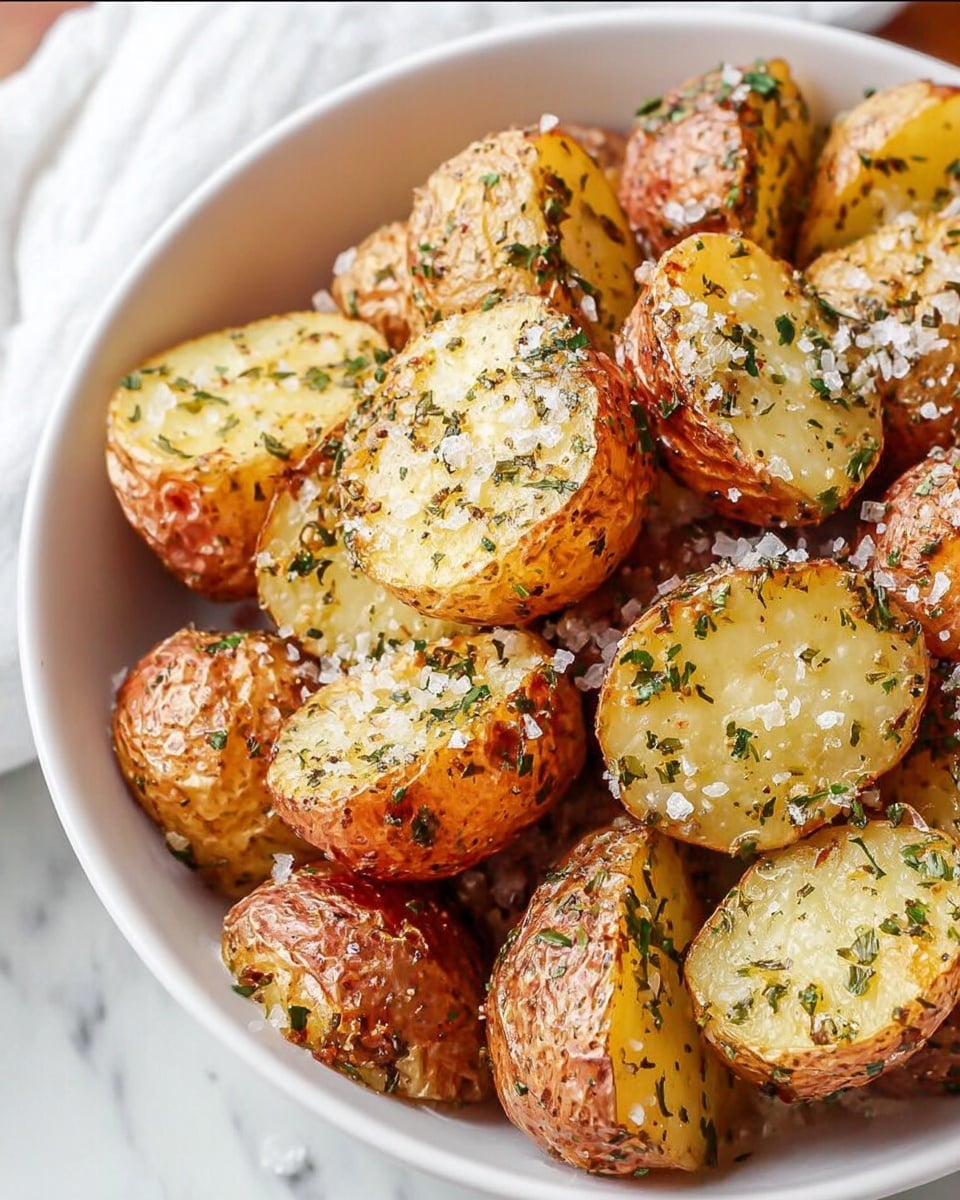 A white bowl filled with several halves of roasted baby potatoes, each piece showing its golden-yellow soft inside and light brown, slightly crispy skin. The potatoes are sprinkled liberally with coarse salt crystals and finely chopped dried herbs, giving a textured, speckled look of green and black over the yellow and brown surfaces. The bowl sits on a white marbled surface, and the overall scene looks warm and inviting, highlighting the contrast between the soft interior and the crunchy, seasoned skin of the potatoes. photo taken with an iphone --ar 4:5 --v 7