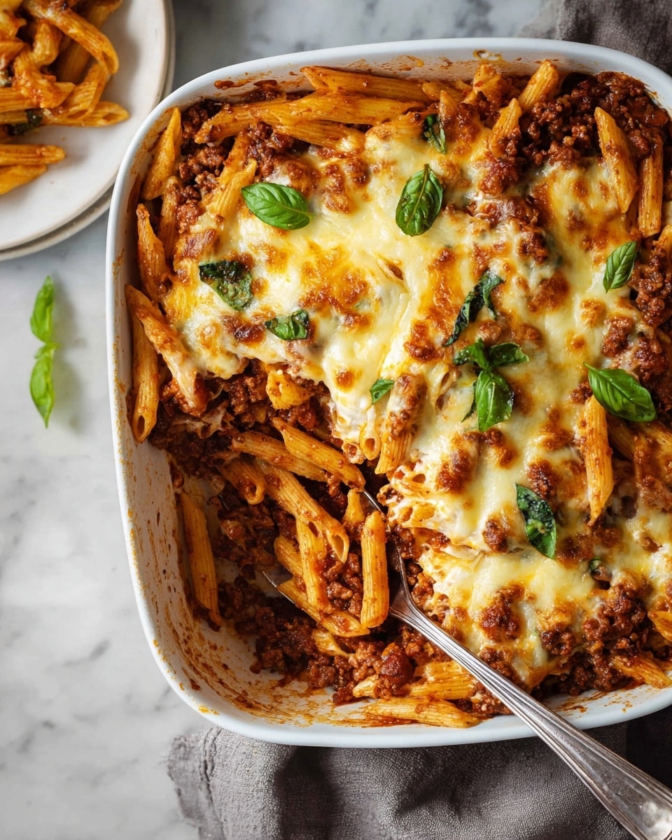 A white square baking dish filled with baked pasta layered with three main parts: the bottom layer of penne pasta mixed with rich red meat sauce, the middle layer is a generous amount of melted bubbly golden cheese, and fresh green basil leaves scattered on top. Some pasta and sauce are scooped out on one side, showing the thick meat sauce and pasta inside. A silver serving fork rests inside the dish. The dish is placed on a white marbled surface with a gray cloth nearby, and a white plate with some pasta is seen blurred in the background. Photo taken with an iphone --ar 4:5 --v 7