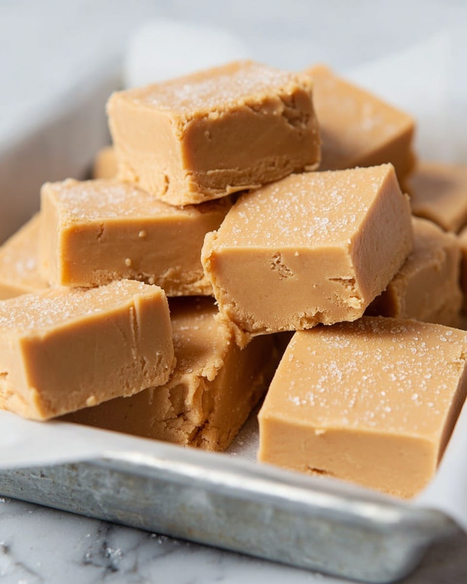The image shows several pieces of light brown fudge with a smooth texture stacked unevenly in the center of a white parchment paper-lined metal tray. Each fudge piece is cut into square shapes with a soft, creamy surface, with some pieces showing a slight crumbly texture on top from sprinkled sugar. The background is a white marbled texture that contrasts softly with the light brown fudge and metallic tray edges. Photo taken with an iphone --ar 4:5 --v 7