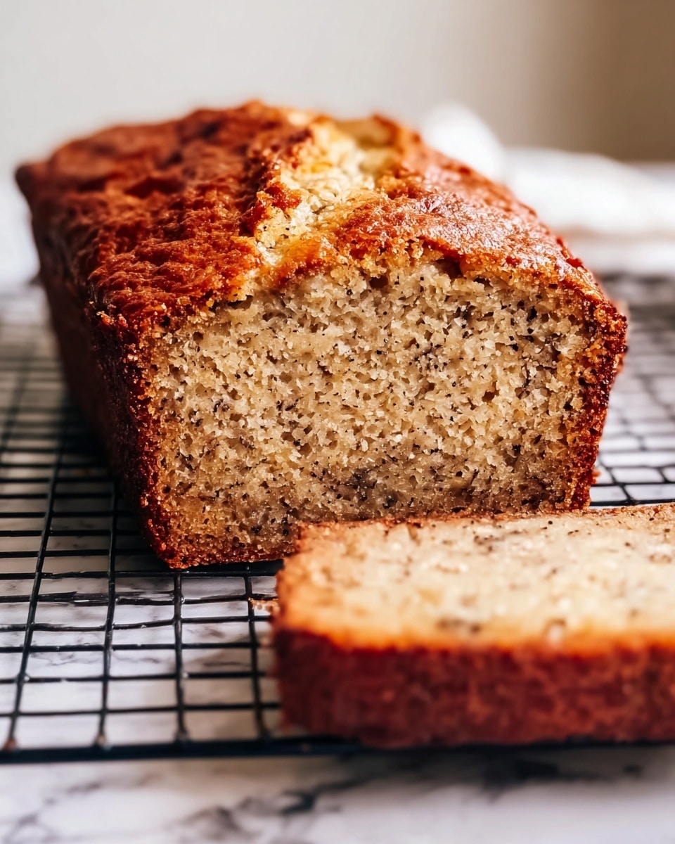 A freshly baked loaf of banana bread is shown on a white marbled surface, resting on a cooling rack. The bread is cut open, revealing its soft, moist, and slightly crumbly texture inside, with a light brown color full of small air pockets. The crust is a darker golden brown, slightly cracked and crisp, adding contrast to the lighter inside. One thick slice lies flat in the foreground, showing the same moist texture throughout. The photo is close-up and clear, emphasizing the bread’s details and warmth. photo taken with an iphone --ar 4:5 --v 7