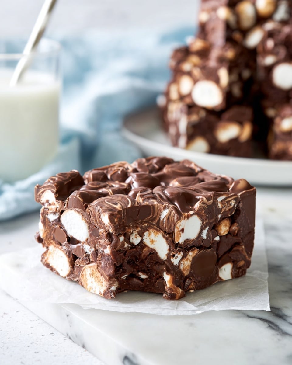 A thick, square piece of chocolate rocky road fudge sits on a piece of parchment paper on a white marbled surface. The fudge has about two visible layers: a dense, smooth dark brown chocolate base thickly mixed with white marshmallow chunks and lighter brown nuts. The surface has a glossy, slightly wavy texture with swirls of melted chocolate covering the top. In the blurred background, more pieces of the same fudge are stacked on a white plate, all sitting on a white marbled surface. Photo taken with an iphone --ar 4:5 --v 7
