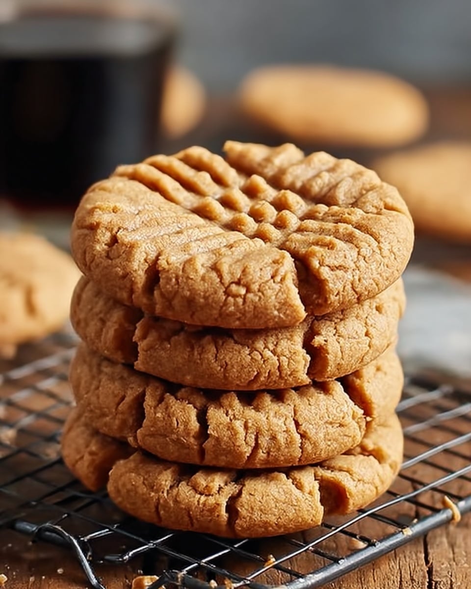 A stack of four round peanut butter cookies sits on a black wire cooling rack, each cookie a golden brown color with a slight crackly texture and a classic crisscross pattern pressed into the top. The cookies look soft and thick, with small ridges and crumbly edges clearly visible. The background is softly blurred, suggesting a cozy kitchen setting with warm lighting. Crumbs are scattered around the base of the stack on the dark surface beneath the rack. photo taken with an iphone --ar 4:5 --v 7