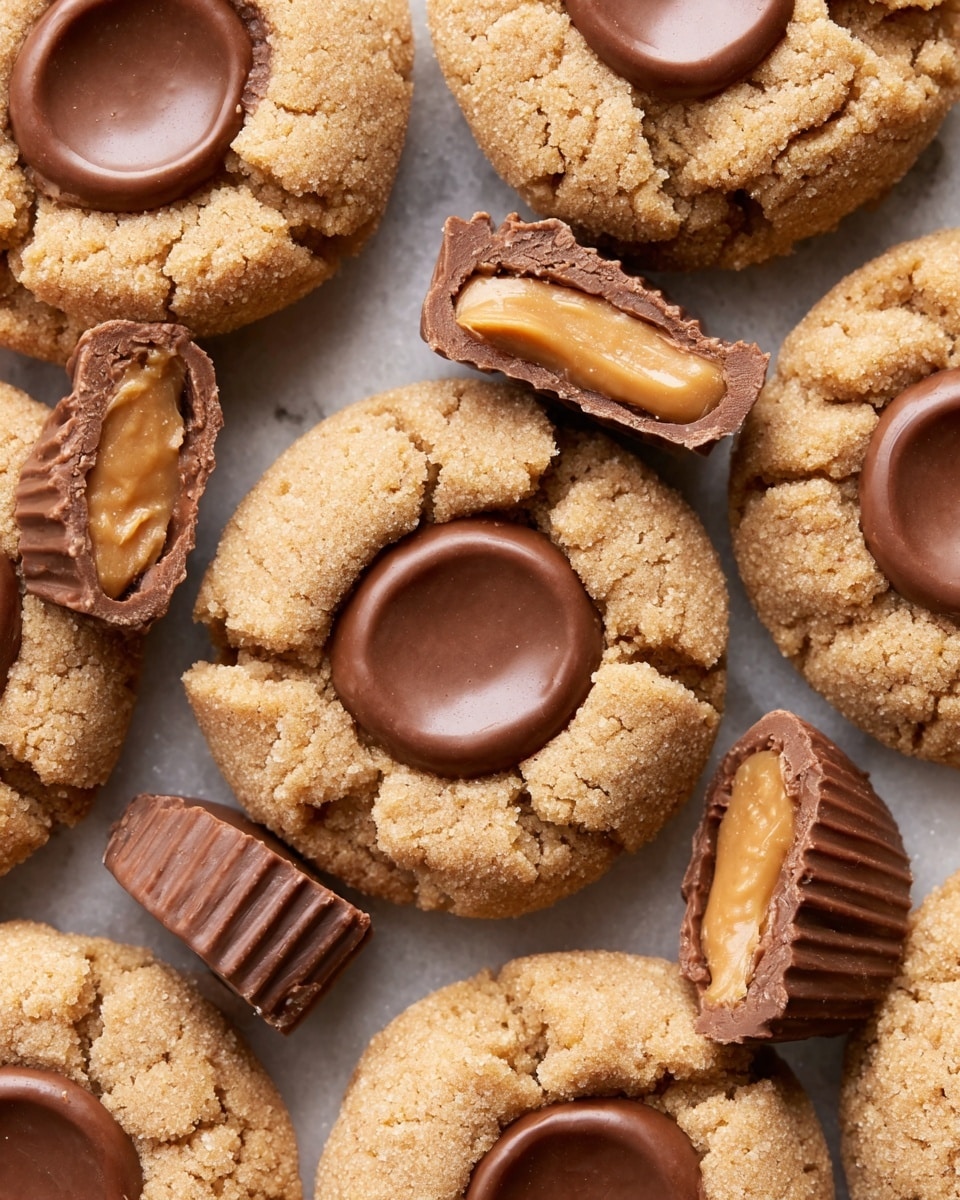 The image shows several peanut butter cookies arranged closely together on a white marbled surface. Each cookie has a light brown, cracked, soft-looking dough base with a glossy milk chocolate cup pressed into the center. Around the cookies, there are a few pieces of halved chocolate peanut butter cups, revealing a creamy, light tan peanut butter filling inside a smooth chocolate shell. The texture of the cookies is crumbly while the chocolate and peanut butter appear smooth and rich, creating a mix of rough and creamy layers. Photo taken with an iphone --ar 4:5 --v 7