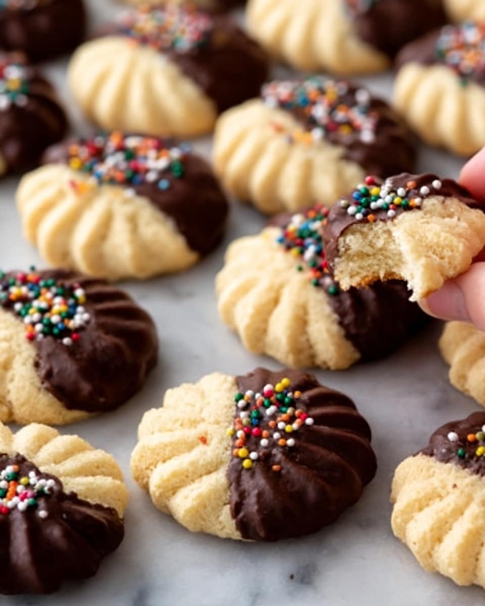The image shows a close-up of round cream-colored cookies with a soft, swirled texture on top. Each cookie is half dipped in smooth dark chocolate, some decorated with small, colorful round sprinkles. Several cookies have bite marks, showing a crumbly inside. The cookies are placed closely together on a white marbled surface. A woman's hand holds one cookie at the edge of the frame, adding a sense of interaction. Photo taken with an iphone --ar 4:5 --v 7