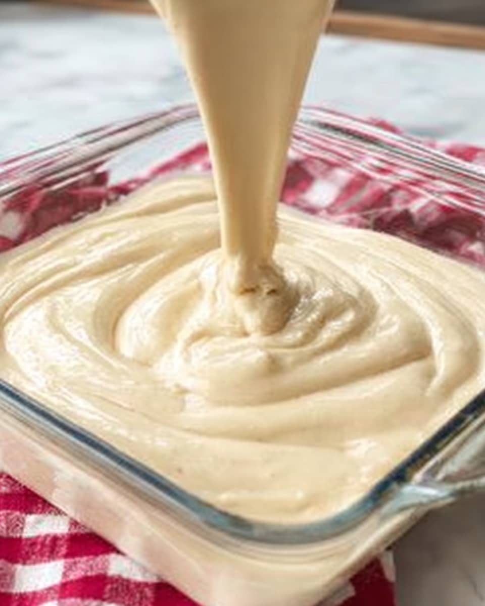 The image shows a close-up of a thick, creamy batter being poured into a clear glass baking dish. The batter is smooth and pale beige in color, forming soft swirls and ripples as it fills the container. The glass dish rests on a white marbled surface with a red and white checkered cloth slightly visible in the background. A woman's hand is pouring the batter from a container just out of the frame, with the flow creating gentle folds in the mixture. Photo taken with an iphone --ar 4:5 --v 7