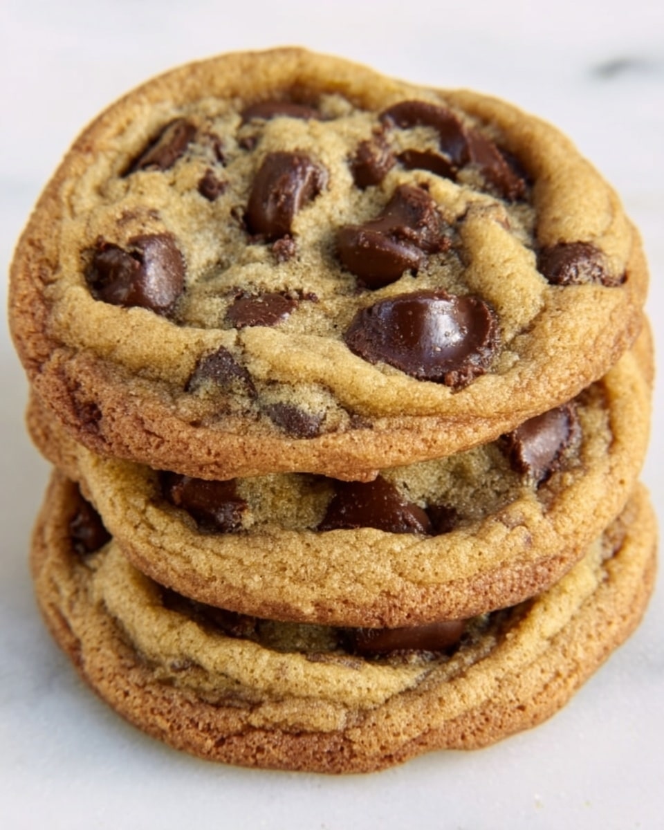 The image shows a close-up of three round chocolate chip cookies stacked slightly overlapping each other on a white marbled surface. Each cookie is golden brown with a slightly cracked texture and filled with dark chocolate chips that vary in size, some melted into the dough, others whole and shiny. The edges of the cookies are slightly darker, showing a crispy texture, while the inside looks soft and chewy. Photo taken with an iphone --ar 4:5 --v 7