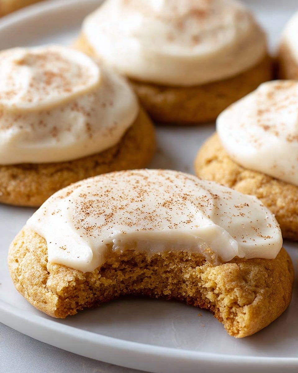 A close-up of soft golden-brown cookies, each topped with a thick layer of smooth off-white icing sprinkled with light brown spice powder. One cookie in the center shows a bite taken out, revealing a moist, crumbly inside with small air holes. The cookies rest on white parchment paper placed inside a white plate, set against a white marbled texture background. Photo taken with an iphone --ar 4:5 --v 7