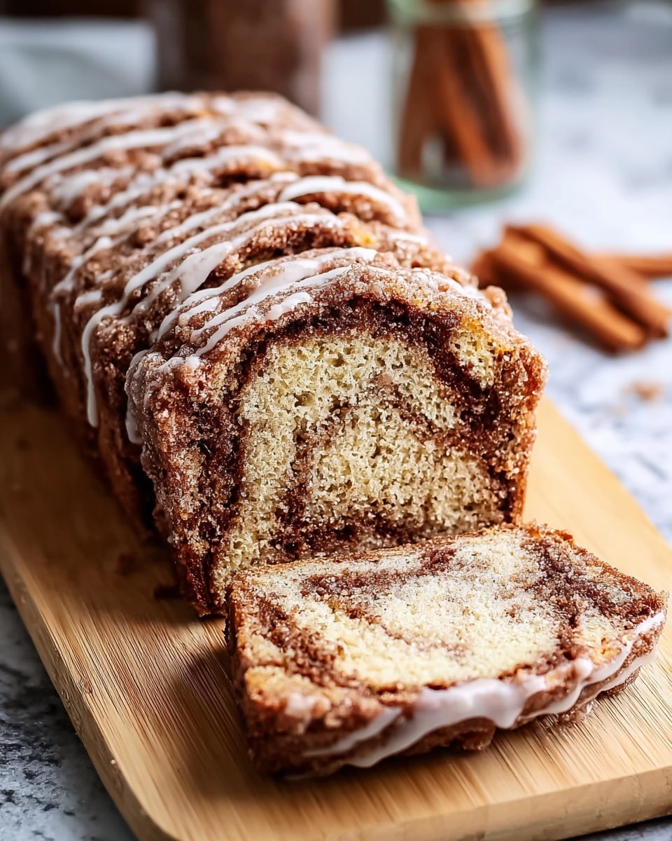 A loaf of cinnamon swirl bread is sliced and arranged on a wooden board against a white marbled texture. The bread has a golden-brown crust with a crumbly, sugary texture on top. Inside, it features a visible cinnamon swirl pattern creating two main layers: a lighter, soft bread layer with small air holes and a darker cinnamon-spiced swirl layer. A thin white glaze is drizzled in lines across the top of the entire loaf, adding a shiny touch. In the background, a few cinnamon sticks and a jar are blurred but visible. Photo taken with an iphone --ar 4:5 --v 7