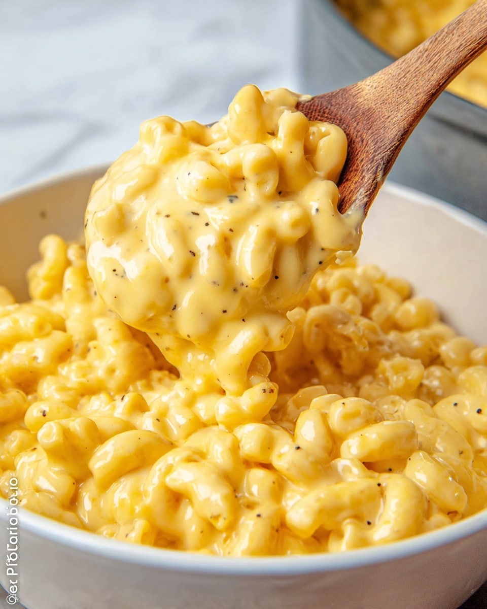 A close-up view of creamy macaroni and cheese being lifted with a wooden spoon inside a white bowl, showing a thick layer of smooth, bright yellow cheese sauce coating the small elbow pasta evenly with tiny specks of black pepper throughout, giving it a rich and glossy texture; the background shows more macaroni and cheese in the white bowl with a white marbled surface behind it. photo taken with an iphone --ar 4:5 --v 7