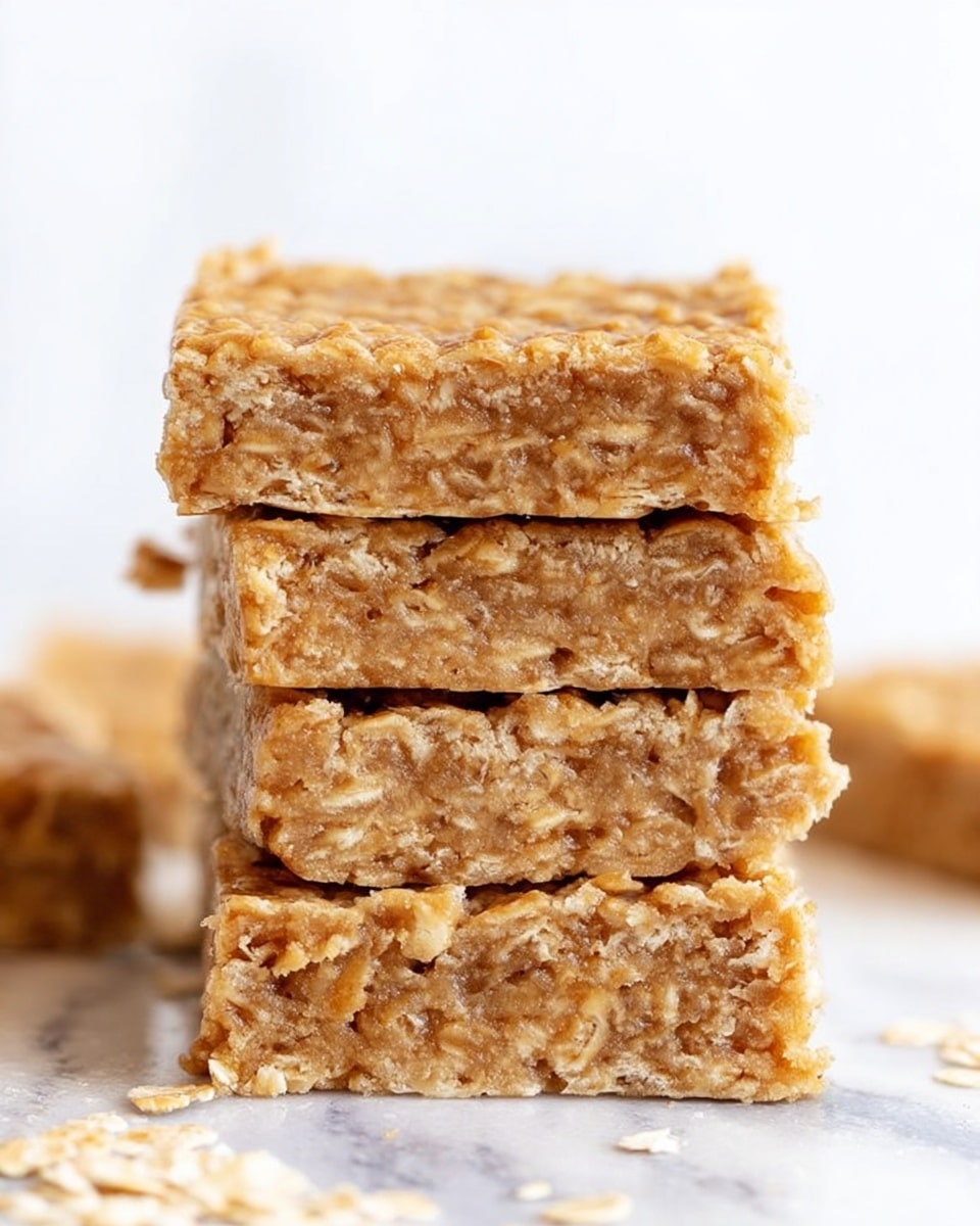 A close-up view of a stack of four thick oat bars with a chewy, textured surface showing visible oats throughout. The bars are light brown and golden in color, with a slightly crumbly but moist look, stacked neatly one on top of the other, sitting on a white marbled surface with some scattered oat pieces around. The edges of the bars are clean and straight, highlighting their dense, crumbly texture. Photo taken with an iphone --ar 4:5 --v 7