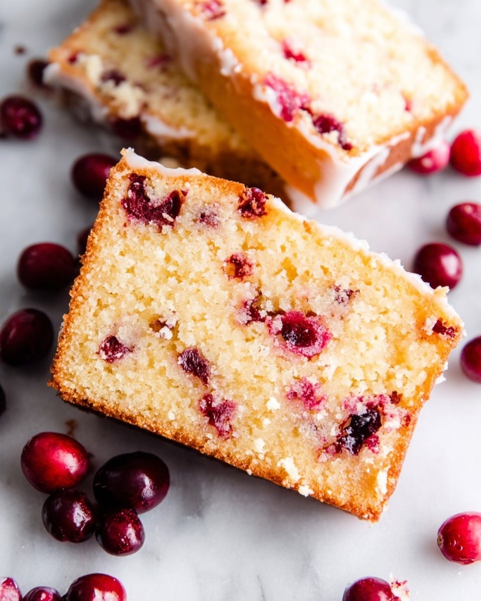 Two thick slices of light golden cake with a soft, crumbly texture are shown on a white marbled surface. The cake is filled with bright red cranberry pieces scattered evenly throughout each slice, adding pops of color inside the pale yellow crumb. The top crust is slightly browned and has a thin drizzle of white icing. Around the slices, fresh whole cranberries in deep red and maroon shades are spread loosely, creating a natural contrast. photo taken with an iphone --ar 4:5 --v 7