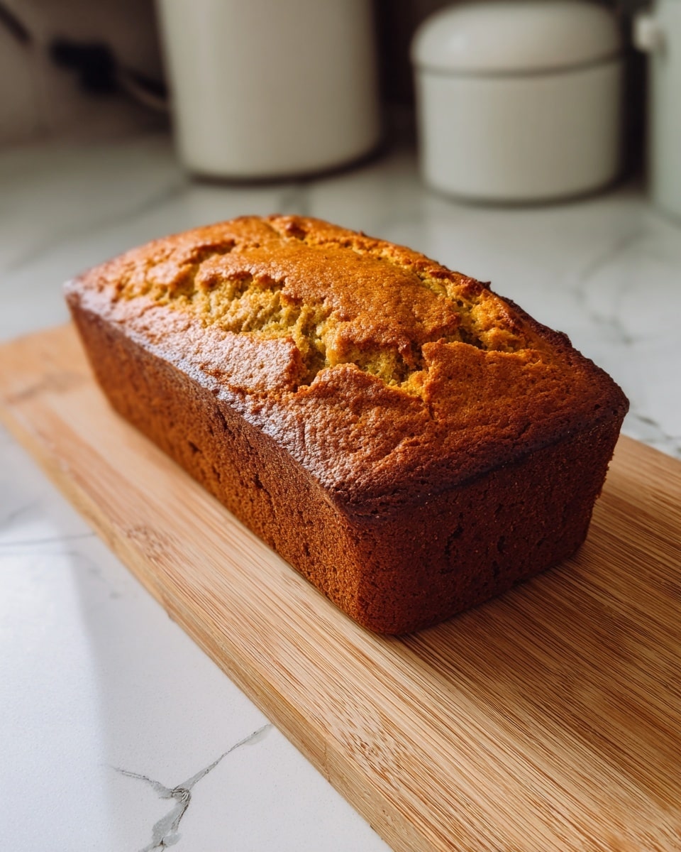 A loaf cake with a golden brown top that is cracked and textured, showing a soft inside. The sides are darker brown and smooth, forming a rectangular shape with rounded edges. It sits on a light wooden board with visible grain, placed on a white marbled surface. Photo taken with an iphone --ar 4:5 --v 7