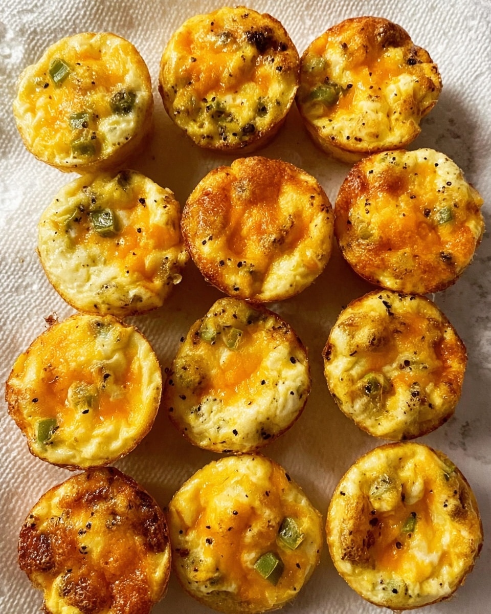 The image shows twelve small egg muffins arranged in three rows on a white textured paper towel sitting on a white marbled surface. Each muffin has a slightly uneven top layer that is golden yellow with melted cheese, green pieces of vegetables, and small spots of black pepper sprinkled across. The muffins' outer edges are light brown and slightly crispy, while the interiors appear soft and fluffy, with visible chunks of orange and green ingredients spread within. The muffins are closely placed with some shadows cast beneath them, highlighting their rounded, compact shape. Photo taken with an iphone --ar 4:5 --v 7