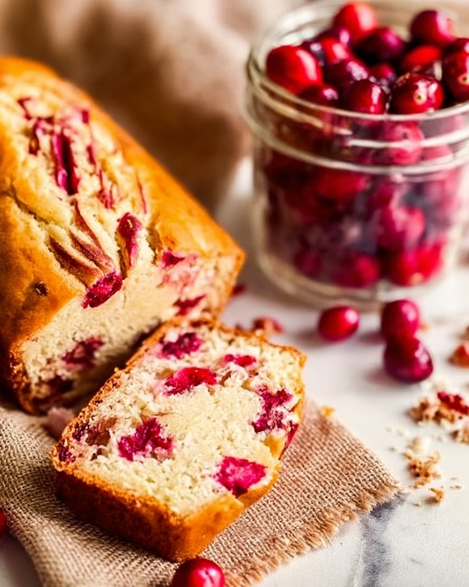 A loaf of cranberry bread with a light golden brown crust and visible bright red cranberries swirled and scattered throughout the surface, resting on a white marbled texture. To the right is a clear glass jar filled with glossy, fresh red cranberries, with a few cranberries scattered around the jar and some pecan halves nearby. The bread has a soft, slightly cracked top showing its moist interior dotted with cranberries inside. photo taken with an iphone --ar 4:5 --v 7