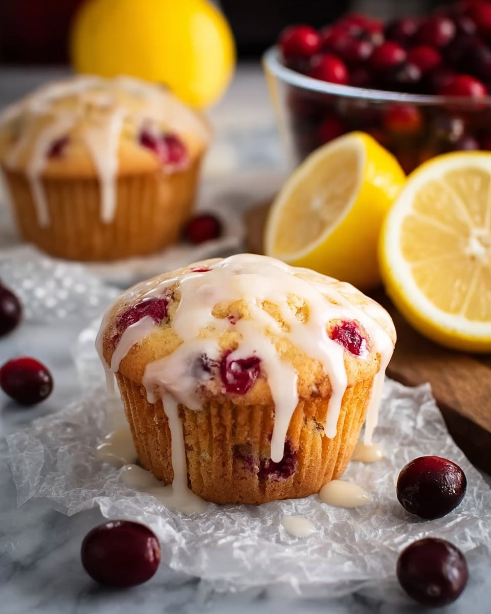 A close-up of a single muffin sits on crinkled wax paper with visible red cranberry pieces baked inside the light golden-brown muffin. The top of the muffin is covered in a smooth, white glaze that drips slightly down the sides. Around the muffin, there are a few fresh red cranberries and two halves of a bright yellow lemon showing the juicy insides. In the background, there is a white bowl filled with more fresh cranberries and another glazed muffin slightly out of focus. All items are on a white marbled surface. photo taken with an iphone --ar 4:5 --v 7