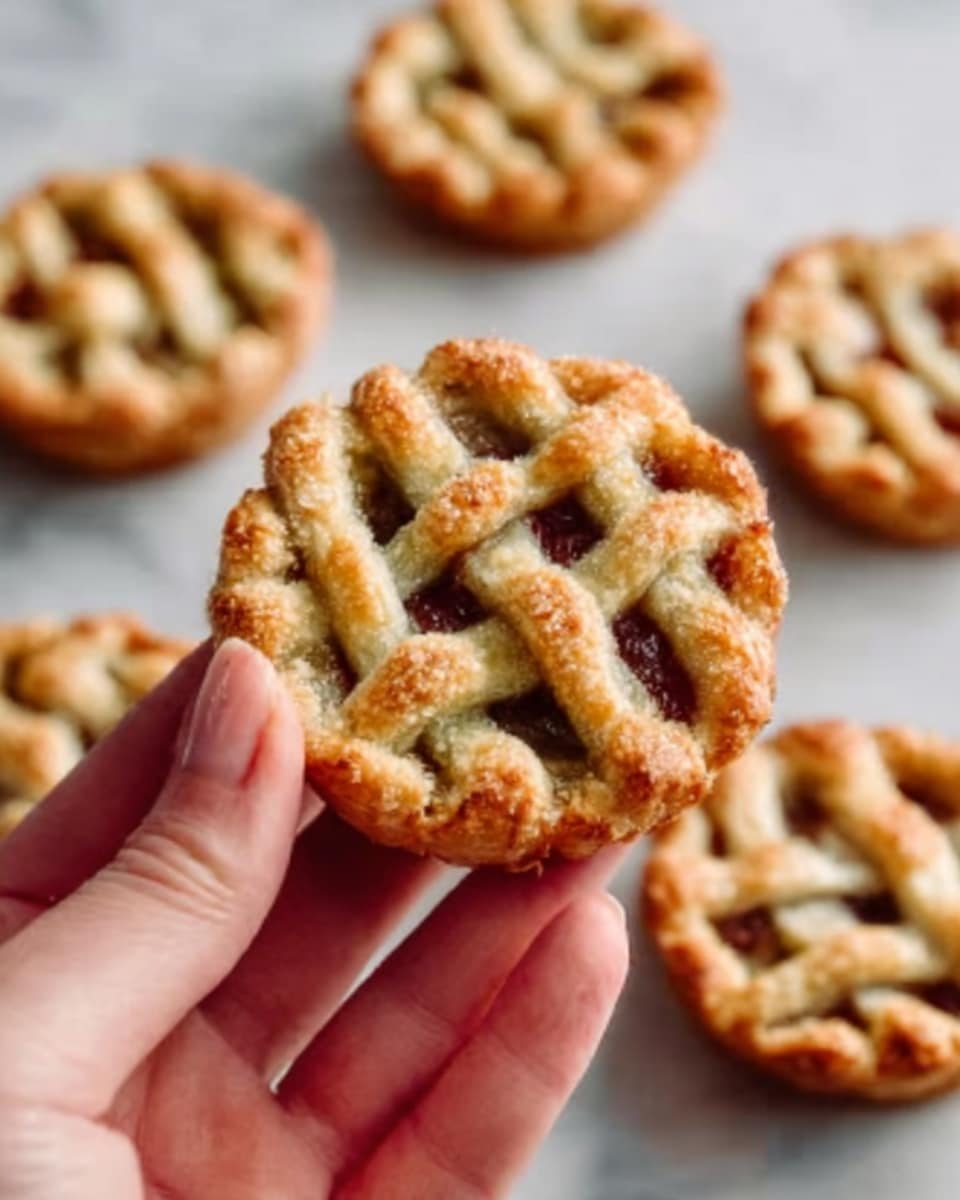 A close-up of a small round pie with a golden brown lattice crust on top, showing some dark fruit filling peeking through the grid pattern. A woman's hand is holding the pie in the foreground, and several more mini pies with the same lattice tops are blurred in the background on a white marbled surface. The lattice crust has a slightly rough texture with some sugar sprinkled on it, and the fruit filling looks glossy and thick. photo taken with an iphone --ar 4:5 --v 7