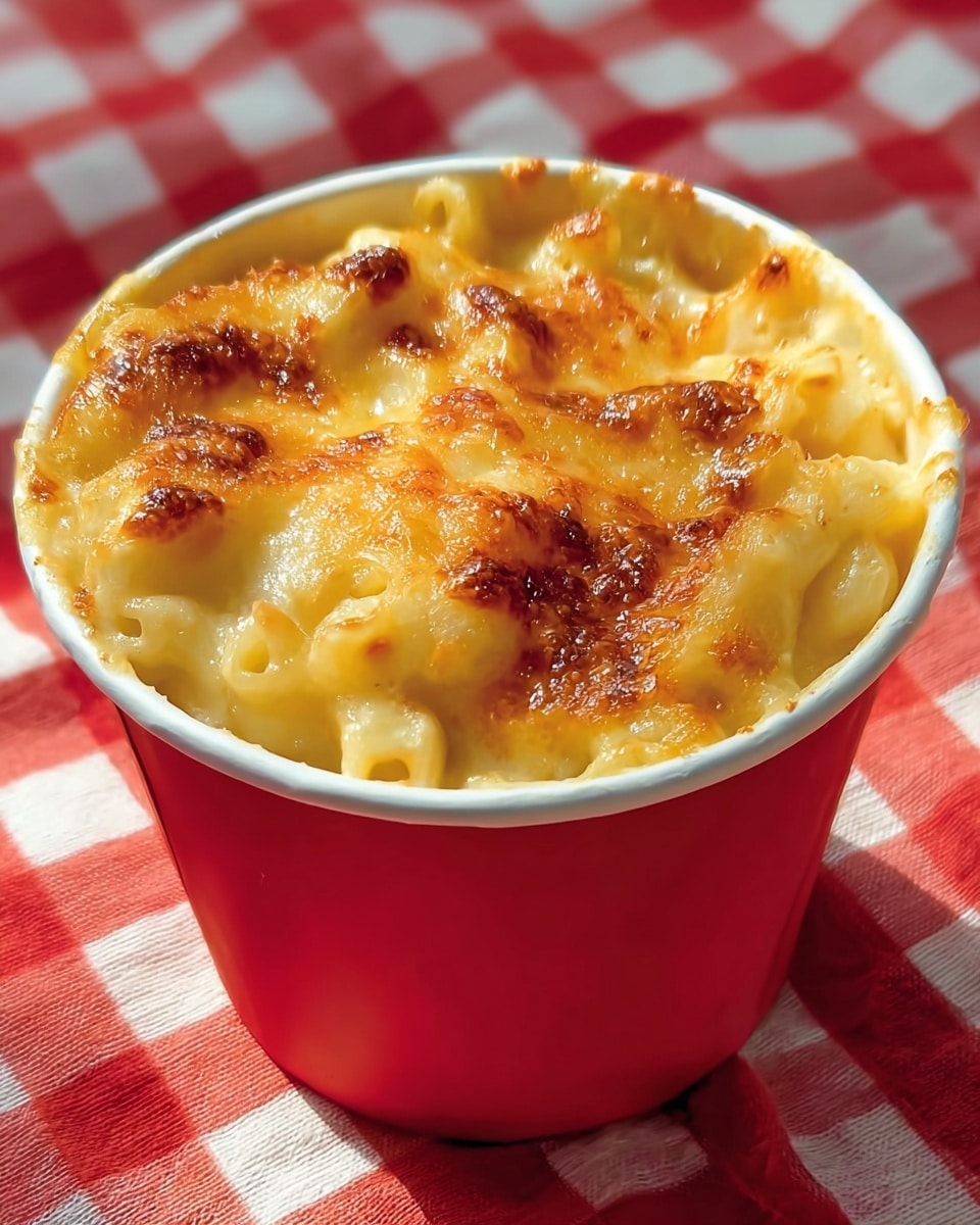 A close-up of a white cup filled with two visible layers of macaroni and cheese: the bottom layer is creamy macaroni pasta with a soft texture in a pale yellow color, topped with a thick golden-yellow melted cheese layer that is browned and bubbly in spots, creating a crispy texture on top. The cup is placed on a white marbled surface with a red and white checkered cloth partially visible underneath. photo taken with an iphone --ar 4:5 --v 7