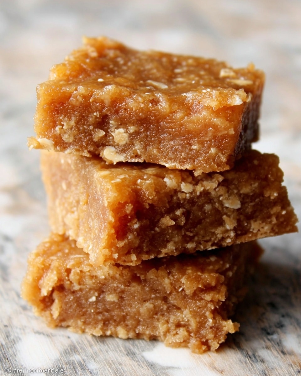 The image shows a close-up of three stacked dessert bars with a crumbly texture and golden brown color. Each bar appears thick and dense, with visible small oats or nuts mixed in, creating a slightly rough surface. The top bar has a soft and moist look, with a bit of shine indicating sweetness or syrup. The background is a white marbled texture, making the warm tones of the bars stand out clearly. photo taken with an iphone --ar 4:5 --v 7