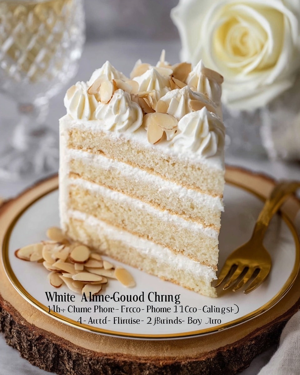 A slice of white almond wedding cake with four layers is shown on a white plate with a gold rim, placed on a wooden slice. Each cake layer is light beige with thin, smooth white cream filling between them. The top layer is covered with thick white frosting, decorated with five swirled dollops of white cream and scattered almond slices. Around the slice on the plate, there are more almond slices, and beside it is a gold fork. The background includes a blurry white rose and glass, set against a white marbled texture. photo taken with an iphone --ar 4:5 --v 7