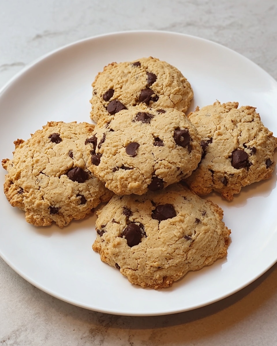 Five irregular-shaped chocolate chip cookies with a rough, crumbly texture and a golden beige color are placed on a large white plate. Each cookie has dark brown chocolate chips scattered at the top, breaking the light color with small melted spots. The cookies look thick and homemade, with slightly uneven edges. The plate is set on a white marbled surface. photo taken with an iphone --ar 4:5 --v 7