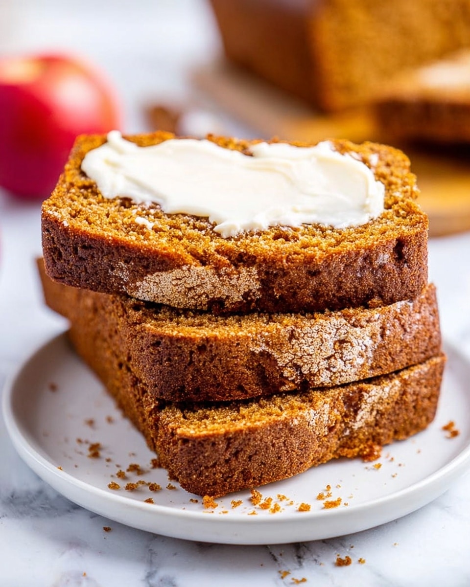 The image shows two thick slices of brown spiced cake stacked on a white plate with a few crumbs scattered around. The top slice has a melted, creamy white spread applied unevenly across its surface, creating a soft texture contrast. The cake has a moist, crumbly texture with tiny air bubbles and a rich, warm brown color. In the blurred background, part of a red apple and a wooden object can be seen on a white marbled surface. photo taken with an iphone --ar 4:5 --v 7