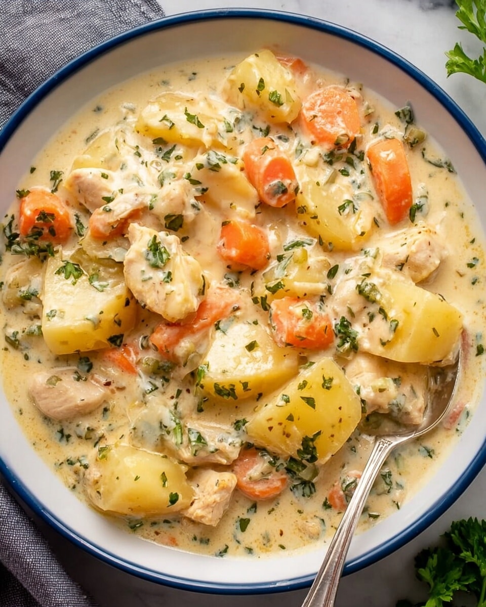 A close-up top view of a creamy stew in a white bowl, filled with chunky pieces of light yellow potatoes, soft orange carrots, and small bits of white chicken. The creamy sauce is light beige with flecks of green herbs scattered on top. A silver spoon rests inside the bowl on the right side, with its handle pointing outwards. The bowl sits on a white marbled surface, and part of a gray cloth napkin is visible in the top left corner. Photo taken with an iphone --ar 4:5 --v 7
