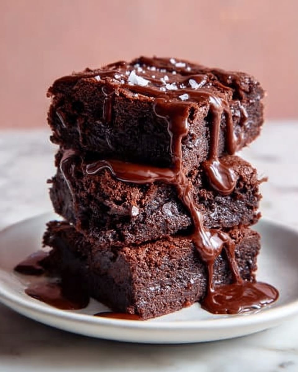 Three thick, dark brown chocolate brownie pieces are stacked unevenly on a white square plate. A rich, glossy chocolate sauce is poured over the top and drips down the sides, pooling slightly on the white marbled surface underneath. The brownies have a dense and moist texture with tiny cracks on their surface. The photo captures the shine of the sauce and the deep color of the brownies clearly. Photo taken with an iphone --ar 4:5 --v 7