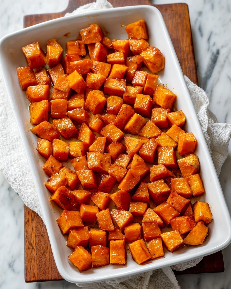 A white rectangular baking dish filled with one layer of roasted sweet potato cubes. Each sweet potato piece is a rich orange color with a slightly shiny, glazed surface that shows they are coated in oil and seasoning. The cubes are irregular but mostly medium-sized, with some showing slightly caramelized edges. The dish rests on a white marbled textured surface with a white cloth visible on one side. photo taken with an iphone --ar 4:5 --v 7