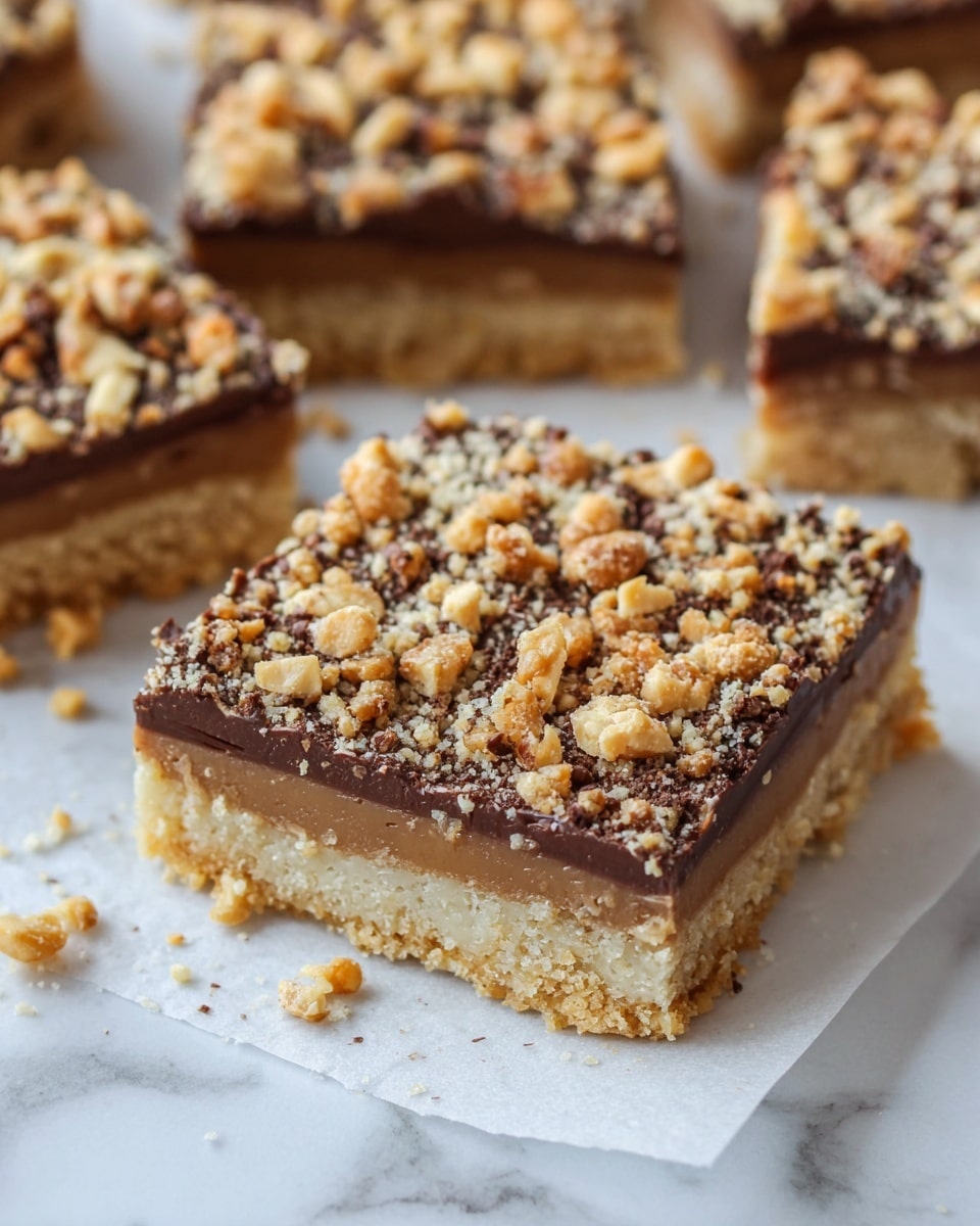 A close-up of several square dessert bars on white marbled texture, each with three clear layers: the bottom layer is a firm light beige crust, the middle layer is a slightly thicker dark chocolate filling, and the top layer is a generous sprinkle of chopped nuts and small chocolate chunks, giving a rough and textured look with mixed tan and brown colors. The bars have crumbs scattered around them on the surface, adding a natural, fresh-baked feel. photo taken with an iphone --ar 4:5 --v 7