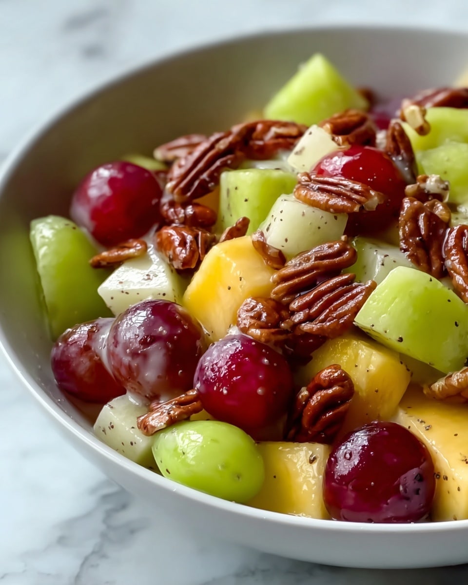 A close-up view of a white bowl filled with a colorful fruit salad set on a white marbled textured surface. The salad has several layers, starting with glossy red grapes and light green kiwi chunks at the bottom. Above these are deeper yellow mango pieces and reddish apple slices mixed together. Scattered across the top are glossy pecans with a rich brown color, lightly coated in a creamy dressing speckled with tiny black seeds. The mixture of juicy fruits and nuts creates a fresh, bright, and textured look. Photo taken with an iphone --ar 4:5 --v 7