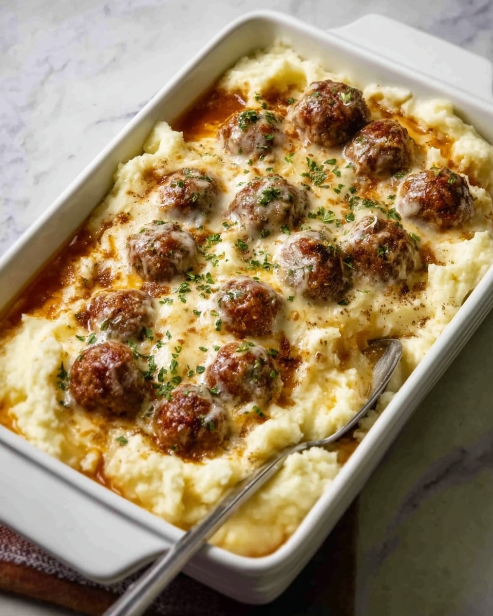 A white rectangular dish filled with a creamy, smooth layer of mashed potatoes at the bottom, topped with several brown, round meatballs covered in a rich, thick, dark brown gravy. Shredded cheese in shades of orange and white is melted across the top, with some areas bubbling slightly and others showing a stretch of cheese. The edges of the dish show the mashed potatoes peeking through the gravy and cheese. The background is a white marbled texture, and a spoon is resting inside the dish. Photo taken with an iphone --ar 4:5 --v 7