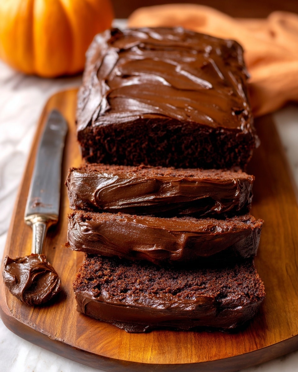 A chocolate loaf cake sliced into three thick pieces on a wooden board, each slice showing a rich dark brown inside layer with a thick, shiny dark chocolate frosting spread evenly on top. The top of the whole loaf has a smooth, glossy chocolate frosting with visible spatula marks. A metal knife with a dollop of the dark chocolate frosting sits to the left on the board. A small orange pumpkin is blurred in the background on the left side. The scene is set on a white marbled texture. photo taken with an iphone --ar 4:5 --v 7